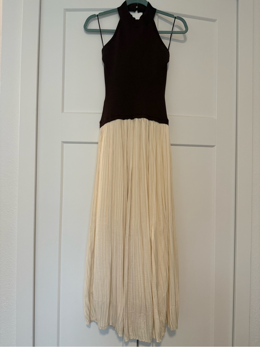 Brown and Cream Two-Tone Maxi Dress with Pleated Skirt